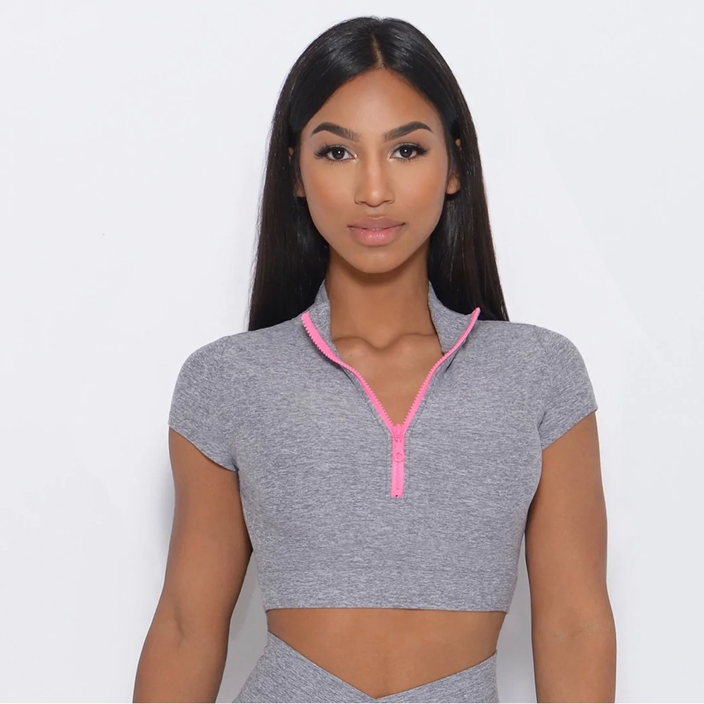 Bombshell Sportswear Gray Crop Top with Pink Zip Detail